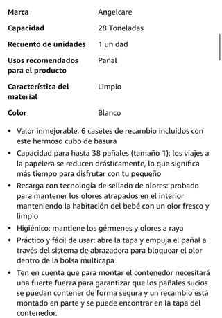 Angelcare pañalera bebé con 6 recambios