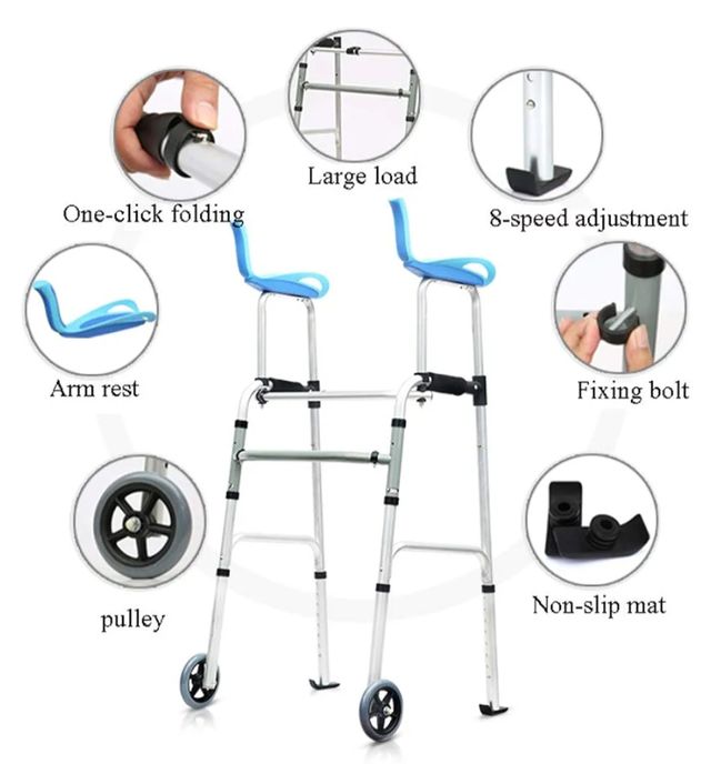 Andador alto y bajo con asiento plegable.