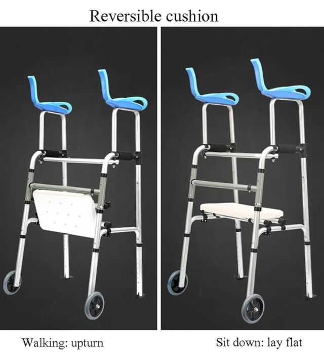 Andador alto y bajo con asiento plegable.