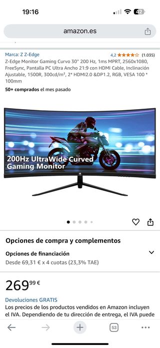 Pantalla ordenador curved 200hz 30’’