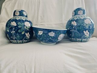 Coppia di vasi cinesi e coppa in ceramica vintage