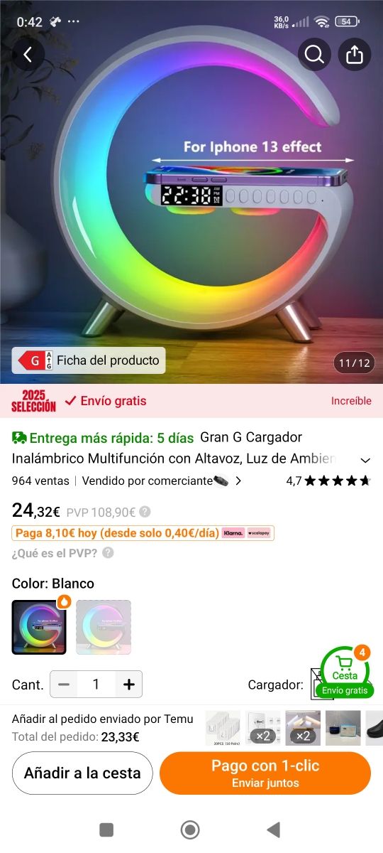 Lampara G cargador reloj audio NUEVA