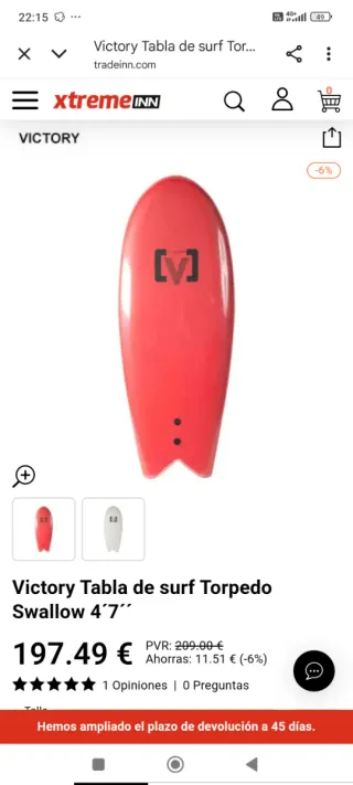 Tabla surf victory 4.7". 33 Litros.