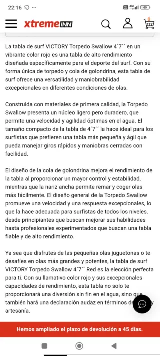 Tabla surf victory 4.7". 33 Litros.