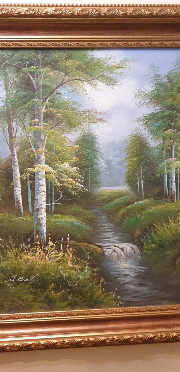 PAISAJE AL OLEO CON MARCO DORADO DEL PINTOR J.BEL