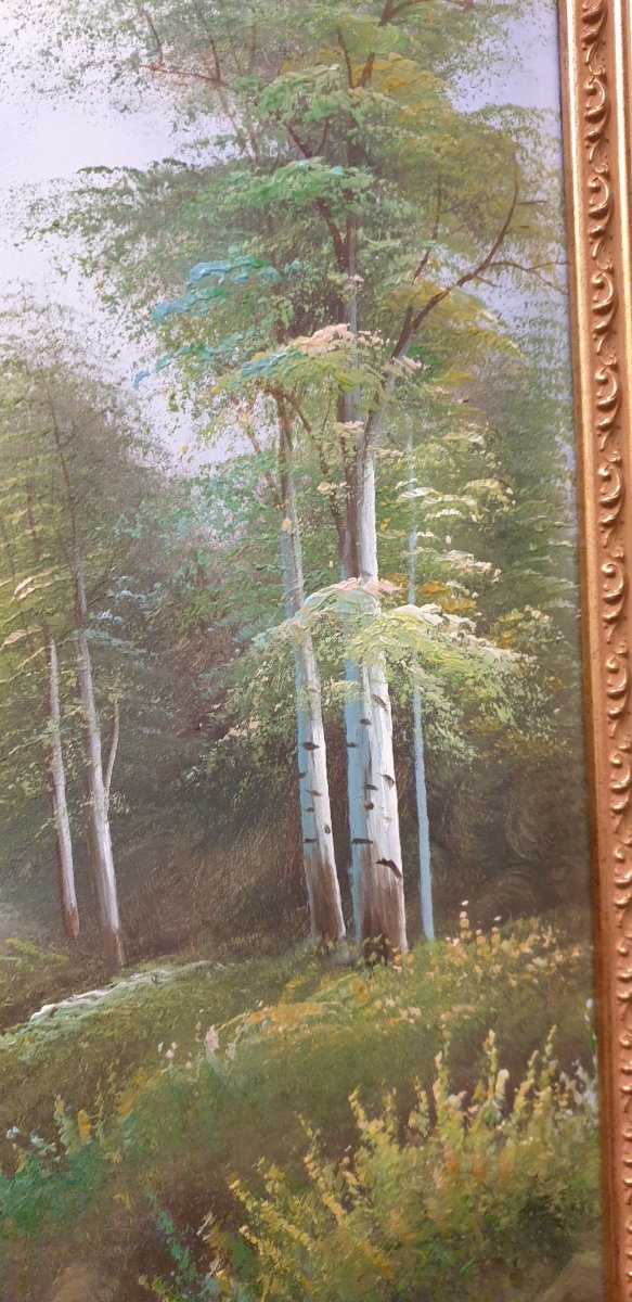 PAISAJE AL OLEO CON MARCO DORADO DEL PINTOR J.BEL
