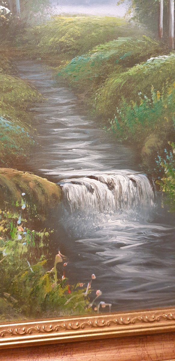 PAISAJE AL OLEO CON MARCO DORADO DEL PINTOR J.BEL