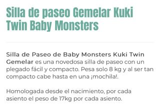 Silla paseo gemelar baby monster kuki twin