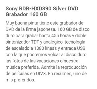 SONY compact disc RDR-HD890 disco duro..