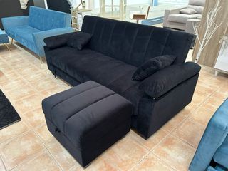 SOFÁ CAMA CON REPOSAPIES NEGRO TERCIOPELO NUEVO