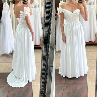 Vestido de novia romántico con flores, cola ajusta