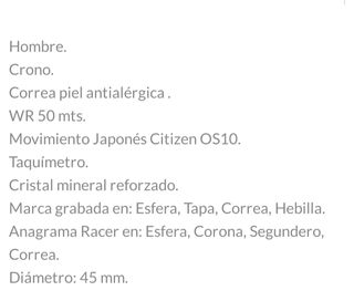 Reloj RACER de alta gama sin estrenar