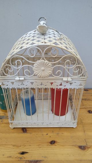 Jaula pájaros metálica adecoración terraza velas
