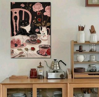 LIENZO GATO JUEGO DE TÉ MESA BOHO ARTE VINTAGE