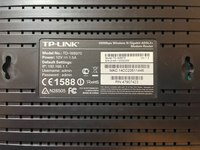 Modem Router ADSL2 Wireless model no. TDW8970