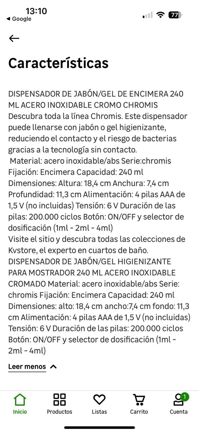 Dispensador jabon acero inox