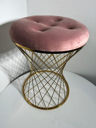 Sgabello Mid-Century in ottone e velluto rosa