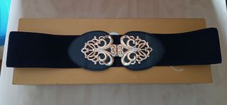 Nuova.Cintura fascia elastica nera fibbia oro 77cm