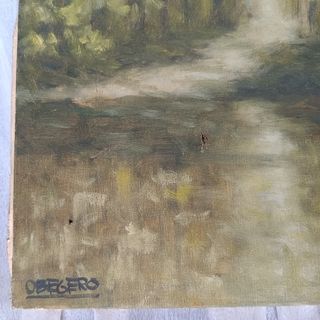 Cuadro oleo paisaje río bosque