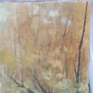 Cuadro oleo paisaje río bosque