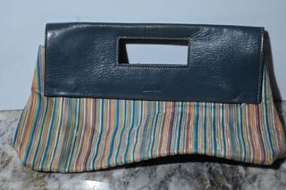 Bolso clutch rayas coloridas y cuero azul vintage