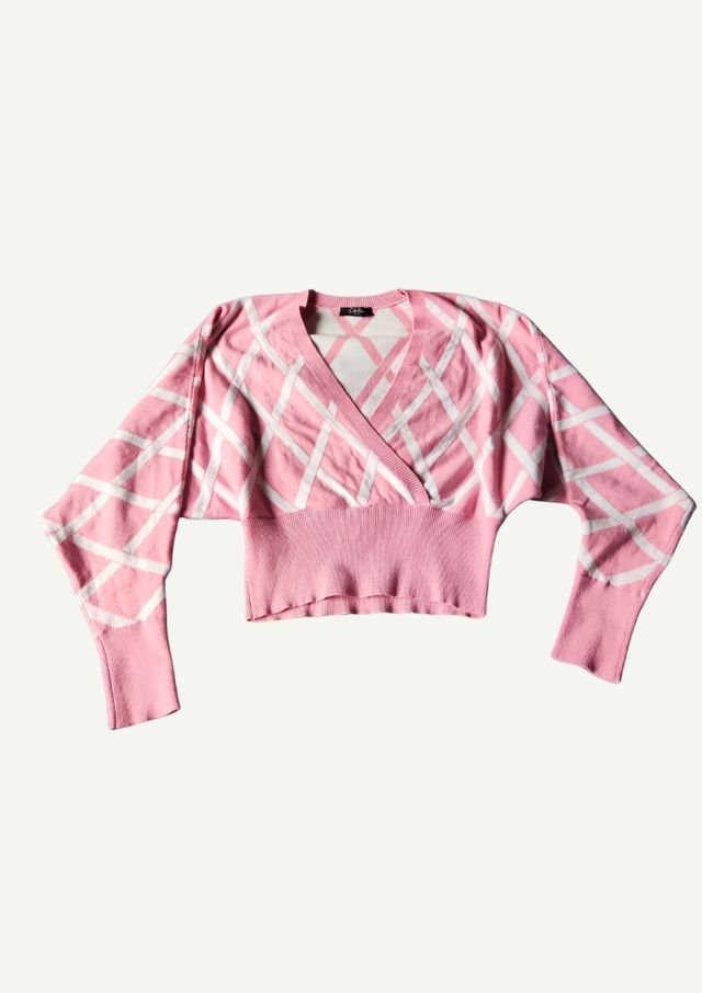 Maglione crop con rombi rosa e bianco