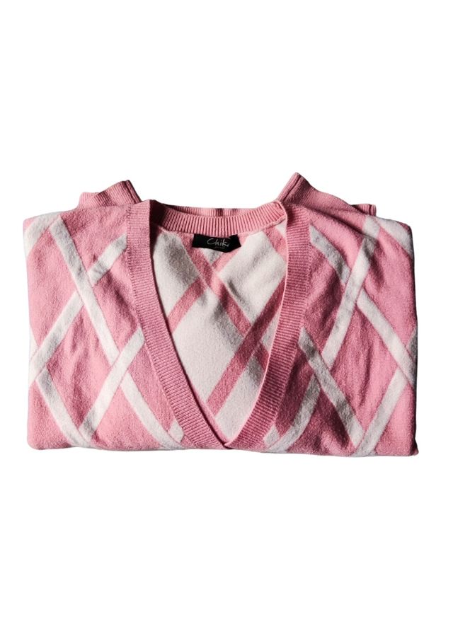 Maglione crop con rombi rosa e bianco