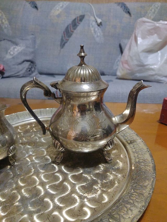 Juego de te y cafe con bandeja de acero inoxidable