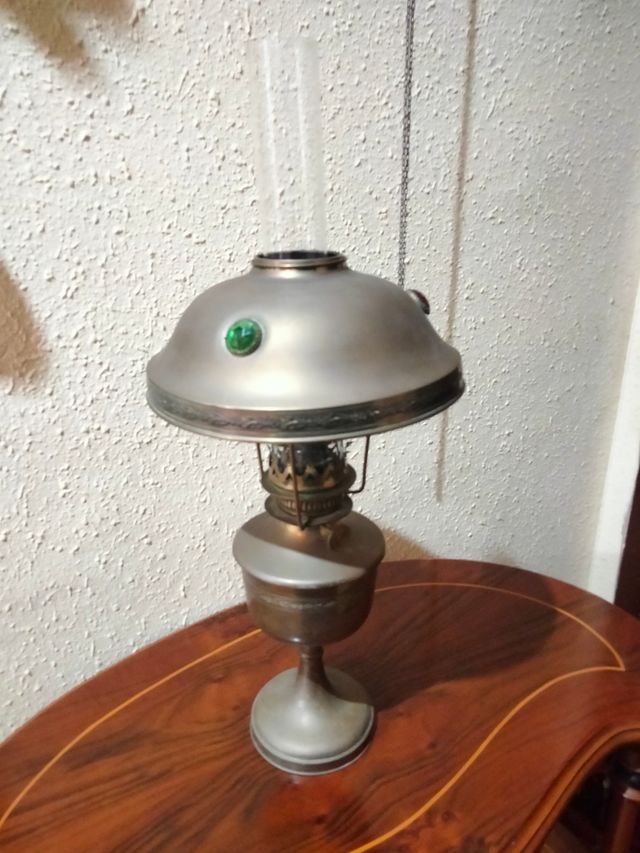 ANTICA LAMPADA QUINQUE BANCHIERE IN BRONZO E CRISTALLO