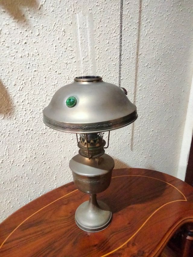 ANTICA LAMPADA QUINQUE BANCHIERE IN BRONZO E CRISTALLO