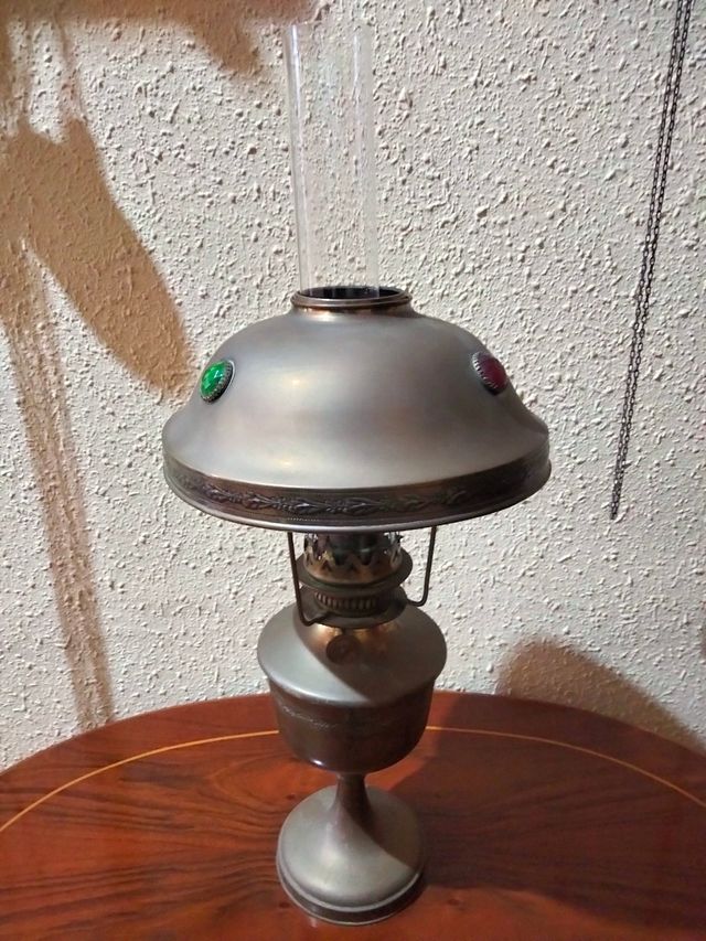 ANTICA LAMPADA QUINQUE BANCHIERE IN BRONZO E CRISTALLO