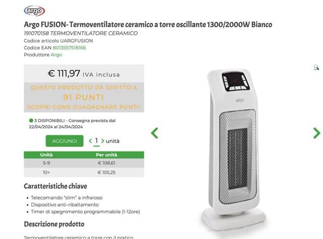 Argo FUSION Termoventilatore ceramico a torre