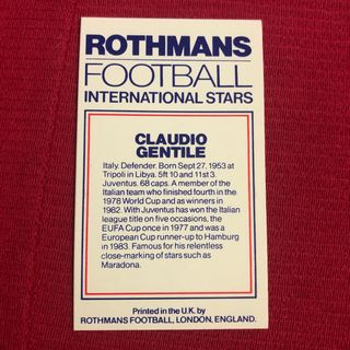 Gentile Carta originale Rothmans Football 1984