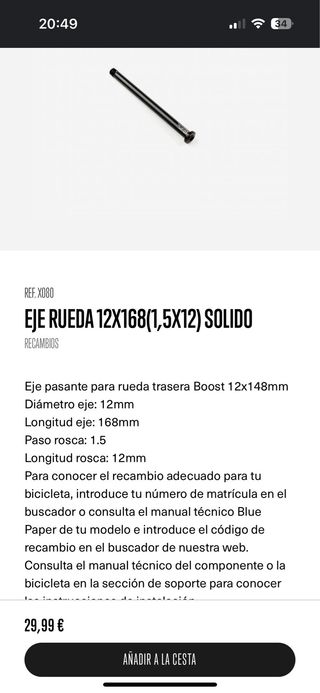 Eje trasero orbea 12 * 168  refrencia X0800000