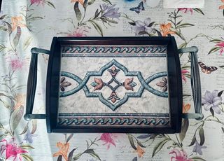 Vassoio cesta legno, maniglie metalliche vintage