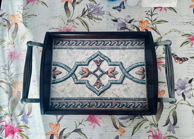 Vassoio cesta legno, maniglie metalliche vintage