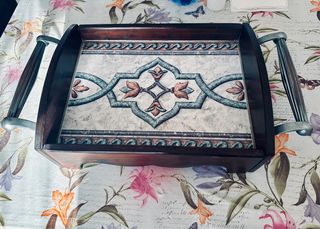 Vassoio cesta legno, maniglie metalliche vintage