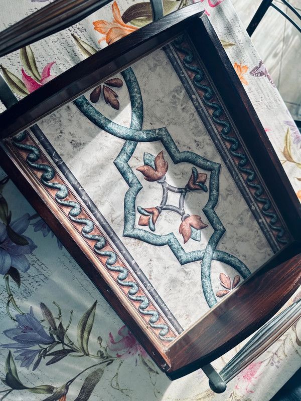 Vassoio cesta legno, maniglie metalliche vintage