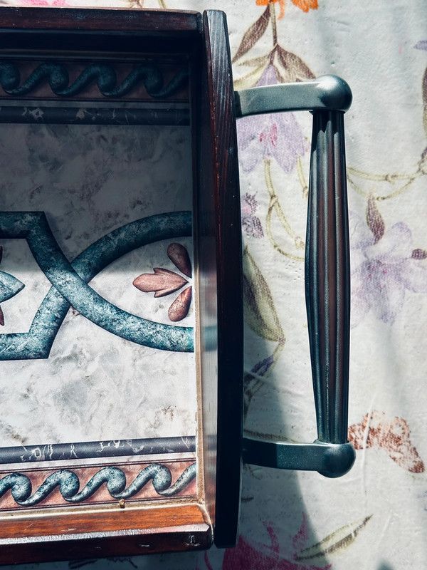 Vassoio cesta legno, maniglie metalliche vintage