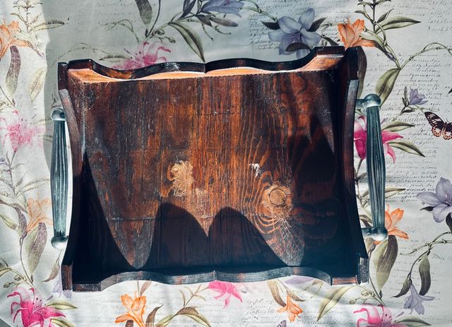 Vassoio cesta legno, maniglie metalliche vintage