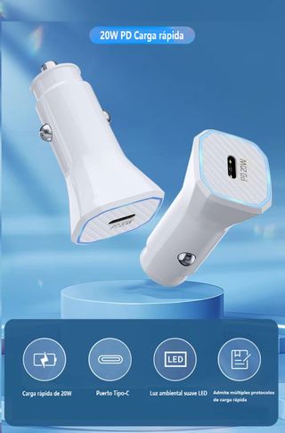 Cargador rapido de coche 20W Puerto USB C