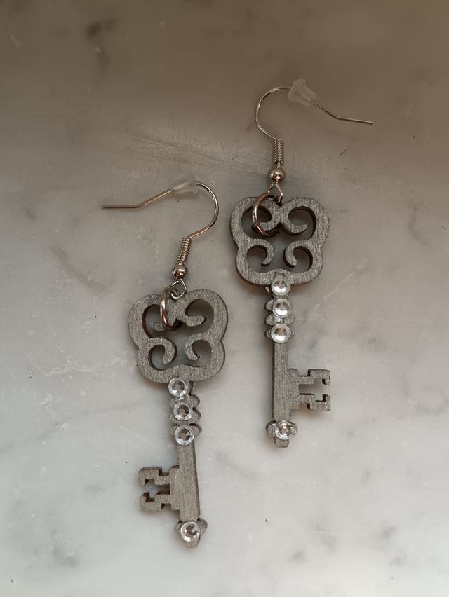 Orecchini chiavi legno strass Argento steampunk