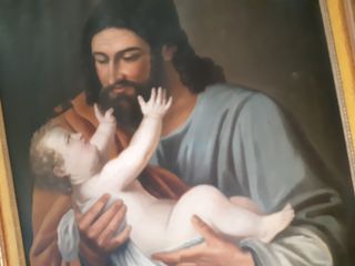 Cuadro oleo antiguo San Jose con niño 97x117x6 cm.