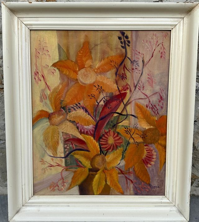 Cuadro al óleo "Flores", con marco.