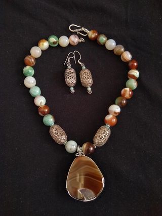 Conjunto plata ágata y cuarzo ahumado
