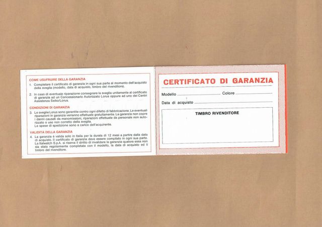 Vecchia garanzia LORUS originale anni '70 "
