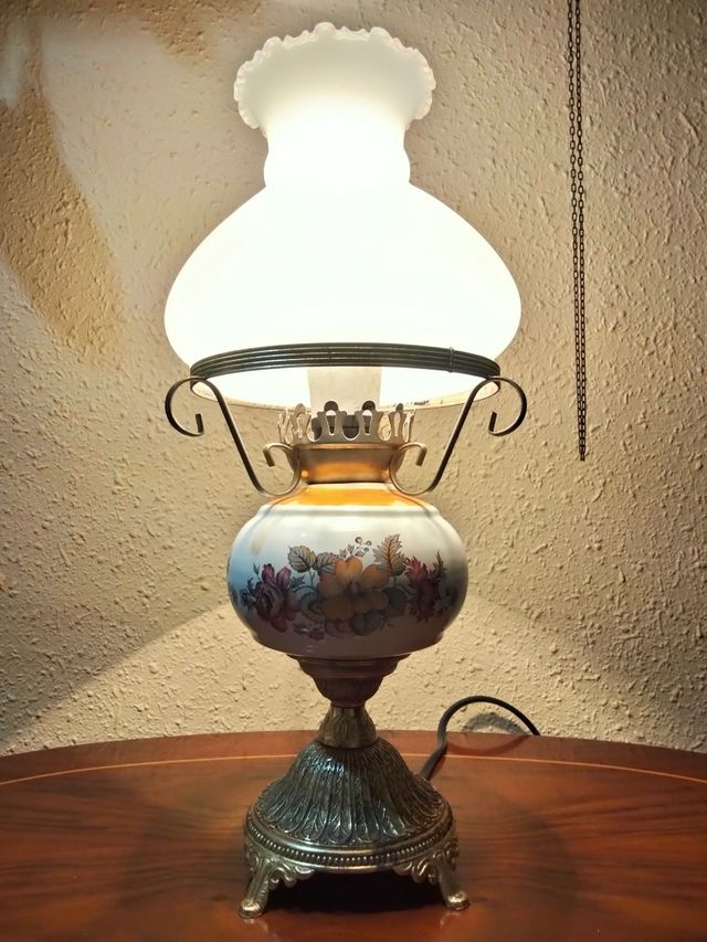 ANTICA GRANDE LAMPADA DA BANCHIERE IN PORCELLANA E BRONZ