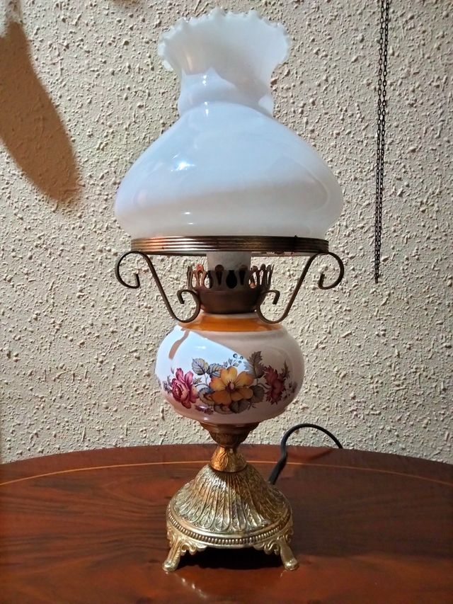 ANTICA GRANDE LAMPADA DA BANCHIERE IN PORCELLANA E BRONZ