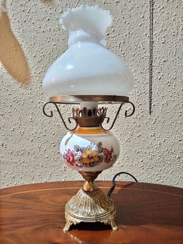 ANTICA GRANDE LAMPADA DA BANCHIERE IN PORCELLANA E BRONZ