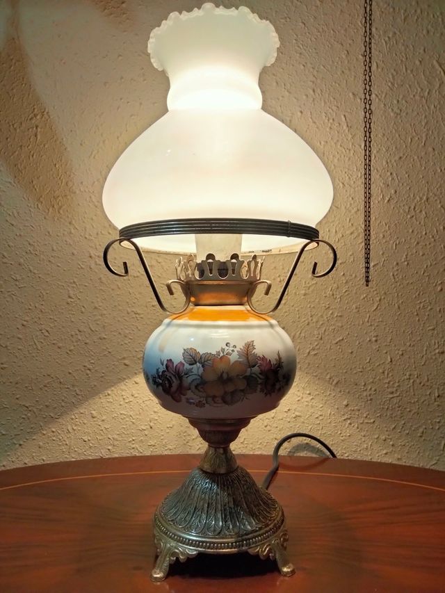 ANTICA GRANDE LAMPADA DA BANCHIERE IN PORCELLANA E BRONZ